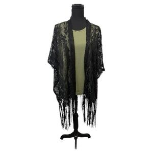 Emerette l Black Lace Kimono with Fringe l Size XL